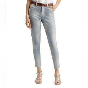 RALPH RAUREN High Rise Skinny Ankle Jeans with White Tuxedo Stripe Light Blue
